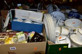 FOUR BOXES OF CERAMICS, GLASS AND COOK WARES, to include a sixty piece Royal Doulton Platinum