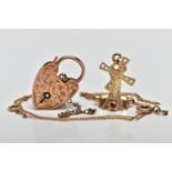 A YELLOW METAL PADLOCK CLASP, CHARM AND CHAIN, a yellow metal heart padlock with rose tones,