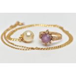 A 9CT GOLD AMETHYST RING AND A PENDANT NECKLACE, the ring designed with an eight claw set,