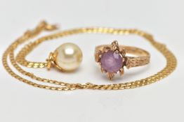 A 9CT GOLD AMETHYST RING AND A PENDANT NECKLACE, the ring designed with an eight claw set,