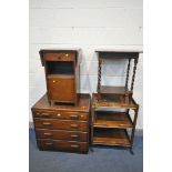 AN OAK CHEST OF FOUR LONG DRAWERS, width 77cm x depth 47cm x height 79cm, an oak drop leaf pot