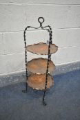 AN ARTS AND CRAFTS COPPER AND WROUGHT IRON THREE TIER CAKE STAND, diameter 18cm x height 18cm