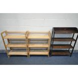 TWO BEECH STACKING FOLDING BOOKCASES, width 71cm x depth 29cm x height 94cm, and an oak open