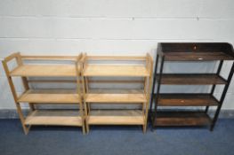 TWO BEECH STACKING FOLDING BOOKCASES, width 71cm x depth 29cm x height 94cm, and an oak open