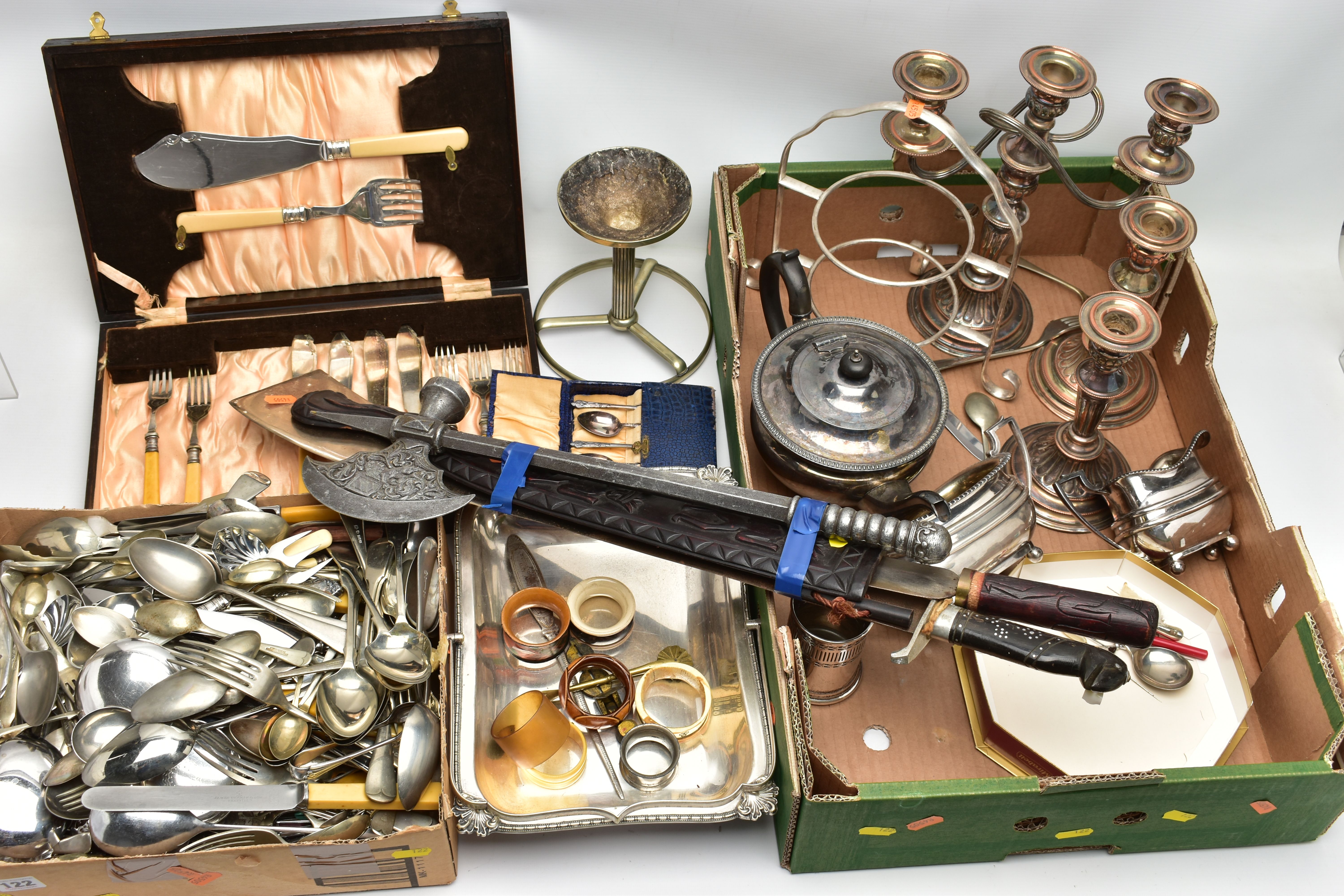 A BOX OF ASSORTED WHITE METAL WARE, to include a three piece silver plate on copper candle stick set