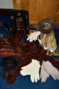 ONE BOX OF LADIES SHOES, GLOVES, FUR STOLES, to include a pair of 1950s ladies white and gold