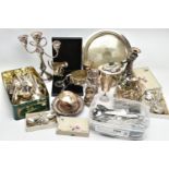 A BOX OF ASSORTED WHITE METAL WARE, to include a three piece tea service set comprising of a teapot,