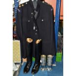 AN OFFICER'S DRESS JACKET, TWO SILVER COLOURED TRENCH ART GERMAN SHELL CASES, to include a pair of