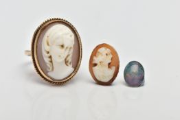 A 9CT GOLD CAMEO RING, an oval shell cameo, set in a yellow gold collet setting with rope detailing,