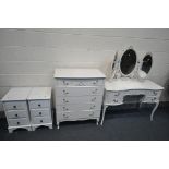 A WHITE FRENCH DRESSING TABLE with a separate triple dressing mirror, width 110cm x depth 47cm x