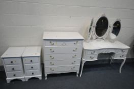 A WHITE FRENCH DRESSING TABLE with a separate triple dressing mirror, width 110cm x depth 47cm x