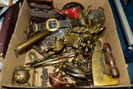 ONE BOX OF BRASSWARE, to include horse leathers, one brass iron, one cast iron, a long handled