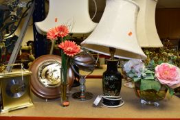 A GROUP OF TABLE LAMPS, CLOCKS AND HOMEWARES, to include three ceramic table lamps with shades,