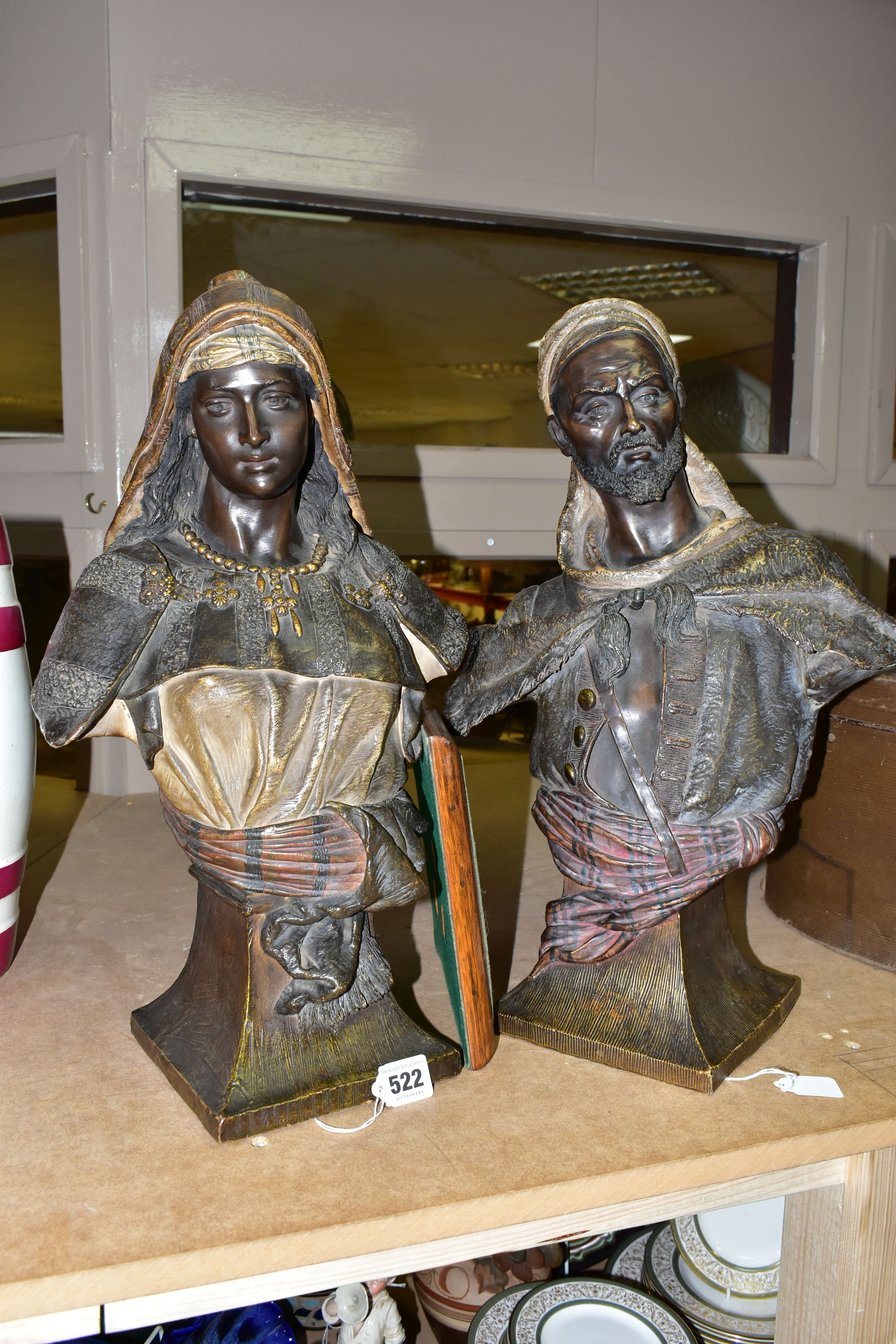 A PAIR OF LATE 19TH CENTURY FRIEDRICH GOLDSCHEIDER POLYCHROME-PATINATED TERRACOTTA ORIENTALIST BUSTS