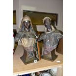 A PAIR OF LATE 19TH CENTURY FRIEDRICH GOLDSCHEIDER POLYCHROME-PATINATED TERRACOTTA ORIENTALIST BUSTS