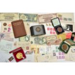 A BOX CONTAINING MICHELLANIOUS ITEMS, to include mid to late 20th Century low denomination postage