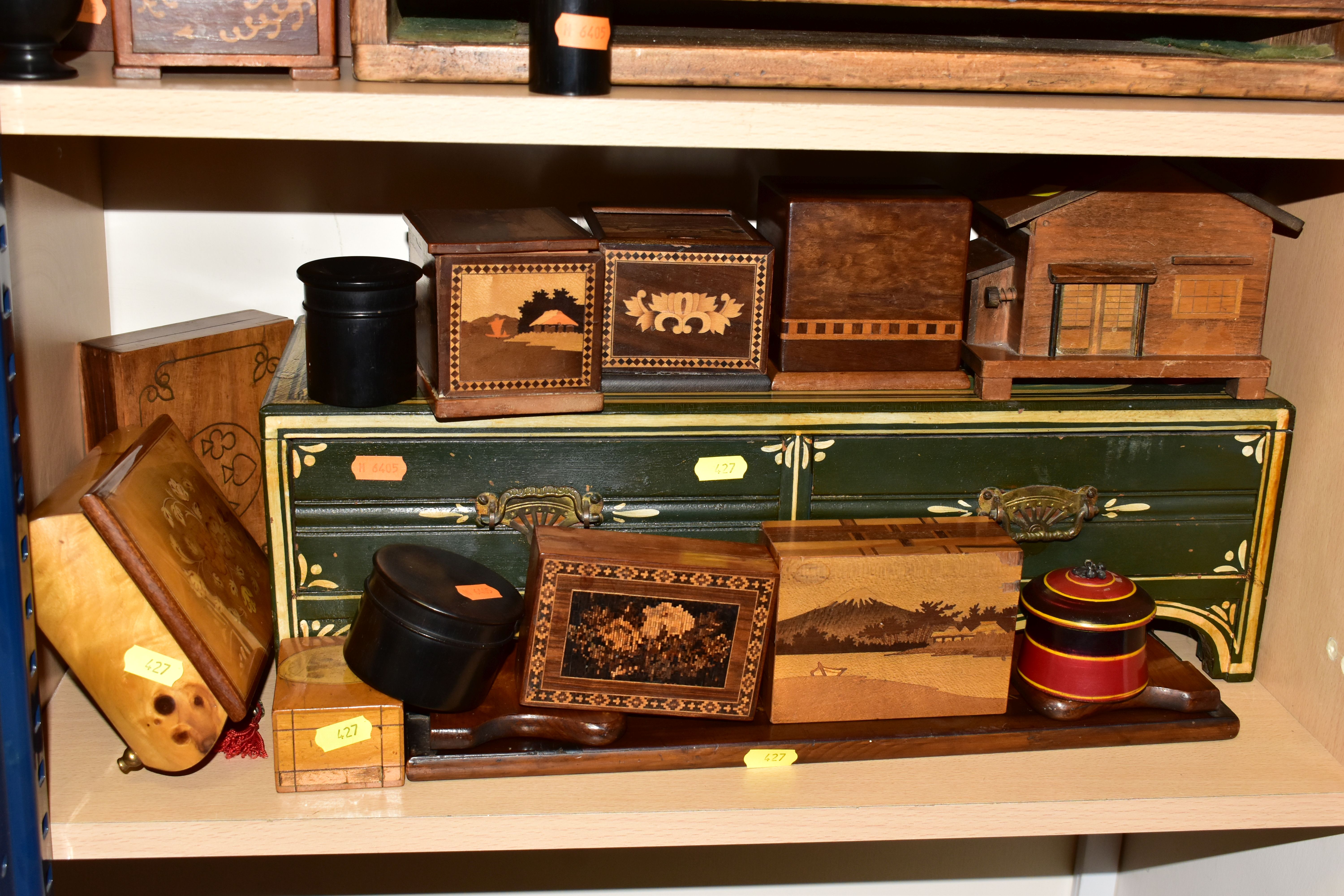 A COLLECTION OF JAPANESE MARQUETRY INLAY CIGARETTE BOXES AND TUNBRIDGE WARE, comprising an oak - Image 3 of 3
