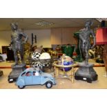 A PAIR OF SPELTER FIGURES AND MODERN DECORATIVE HOMEWARES, to include spelter figures of Viking