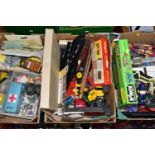 THREE BOXES OF VINTAGE TOY CARS, TRACTORS, TRAINS, TINPLATE TOYS, to include Triang railway