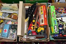 THREE BOXES OF VINTAGE TOY CARS, TRACTORS, TRAINS, TINPLATE TOYS, to include Triang railway