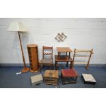 A QUANTITY OF OCCASIONAL FURNITURE, to include tall cylindrical teak swivel bookcase, beech towel