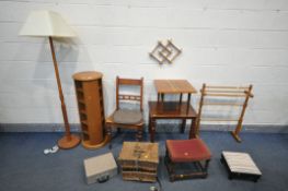 A QUANTITY OF OCCASIONAL FURNITURE, to include tall cylindrical teak swivel bookcase, beech towel
