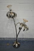 A MID CENTURY BRASS TWIN BRANCH FLOOR LAMP, of a tropical plant with bamboo effect stem, with etched