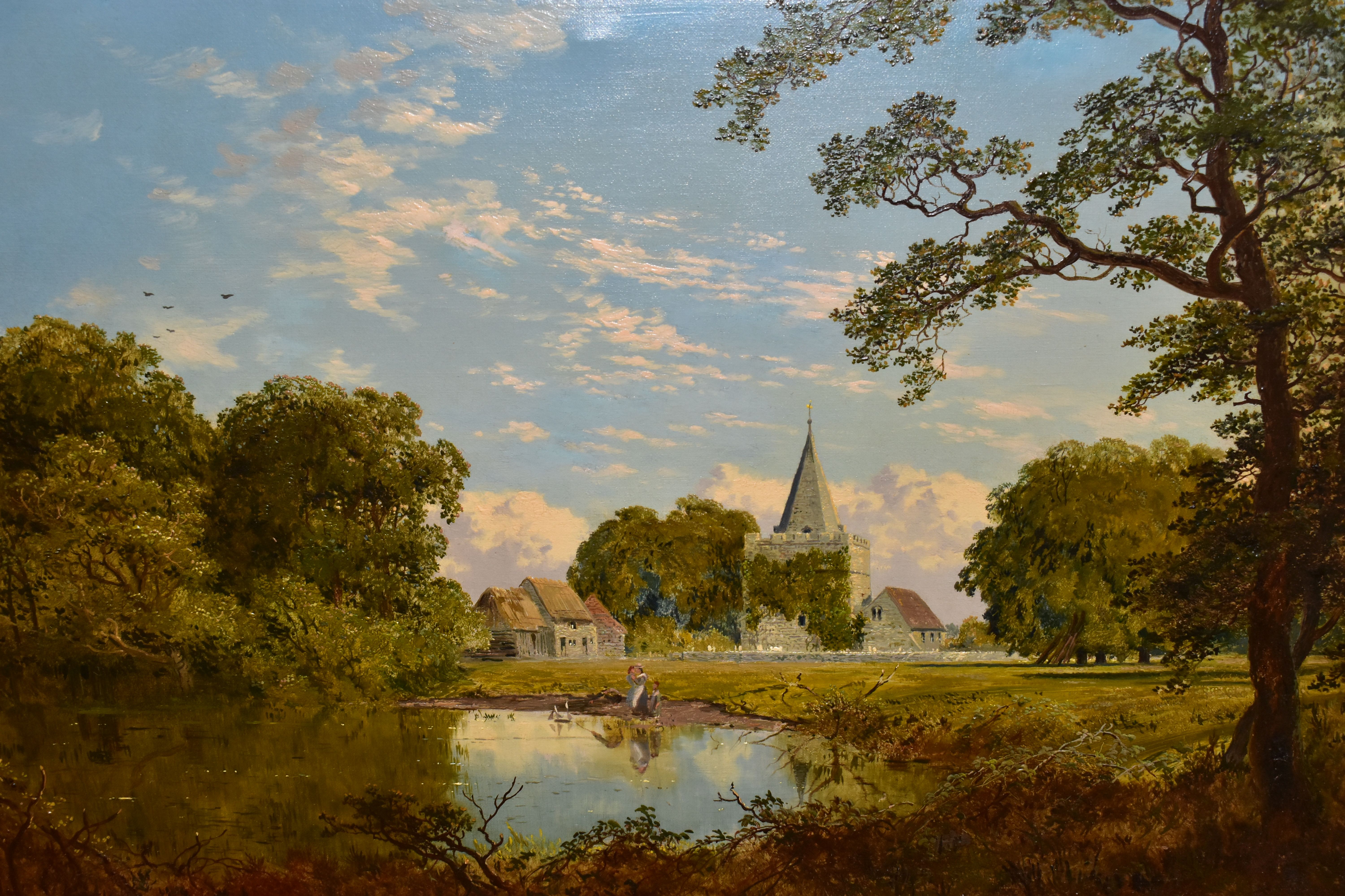 EDMUND JOHN NIEMANN (1813 -1876) ENGLISH SCHOOL LANDSCAPE WITH CHURCH, figures standing beside a - Image 2 of 7