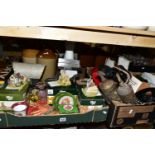 TWO BOXES AND LOOSE SCALES, METALWARES, CERAMICS AND SUNDRY HOUSEHOLD ITEMS, to include a set of