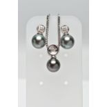 A MODERN TAHETIAN PEARL AND DIAMOND PENDANT AND EARRING SET, pendant designed as a single