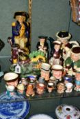 A GROUP OF 20TH CENTURY TOBY AND CHARACTER JUGS AND TWO REPRODUCTION STAFFORDSHIRE STYLE PIECES,