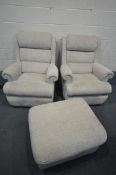 A PAIR OF CREAM UPHOLSTERED ELECTRIC RECLINING ARMCHAIRS, and a storage pouffe (condition:-one