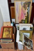 A QUANTITY OF PAINTINGS AND PRINTS ETC, to include an early 20th century lake view landscape,