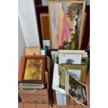 A QUANTITY OF PAINTINGS AND PRINTS ETC, to include an early 20th century lake view landscape,