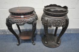 TWO ORIENTAL CARVED HARDWOOD OCCASIONAL TABLES, largest width 49cm x depth 42cm x height 69cm (