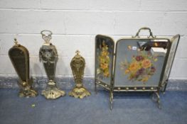 THREE EARLY 20TH CENTURY BRASS PEACOCK FIRE SCREENS, along with a brass gypsy mirrored folding