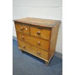 A VICTORIAN PINE CHEST OF TWO SHORT AND TWO LONG DRAWERS, on bulbous legs, width 85cm x depth 45cm x
