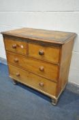 A VICTORIAN PINE CHEST OF TWO SHORT AND TWO LONG DRAWERS, on bulbous legs, width 85cm x depth 45cm x