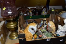 TWO BOXES OF GLASSWARE, CERAMICS AND BIRD ORNAMENTS, to include a brass oil lamp with clear pink