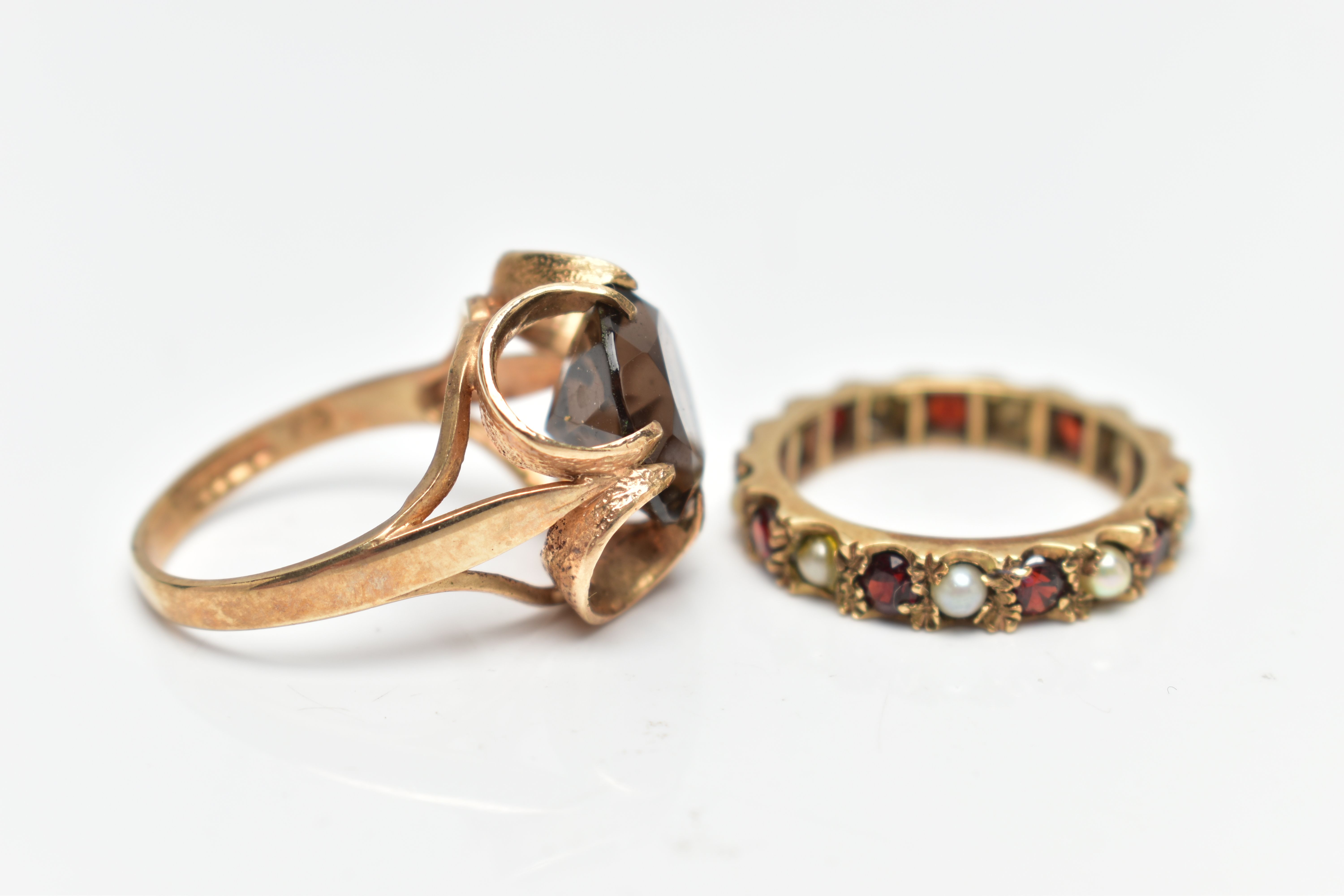 TWO YELLOW METAL GEM SET RINGS, to include a 1970s smokey quartz single stone ring, hallmarked - Image 3 of 4