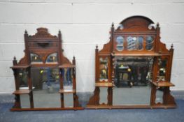 TWO EDWARDIAN WALNUT OVERMANTEL MIRRORS, with an arrangement of shelves and mirror plates, 119cm x