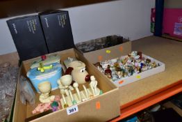 THREE BOXES AND LOOSE CERAMICS, GLASS AND SUNDRY ITEMS, to include a tray of Wade Whimsies and other