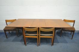 A BATH CABINET MAKERS 1960'S TEAK EXTENDING DINING TABLE, with a single fold out leaf, extended