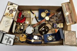 A BOX OF MEDALS, JEWELLERY AND WRISTWATCHES, to include an assortment of 'National Association Of