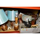 THREE BOXES AND LOOSE METALWARE, TABLE LAMPS, AND GENERAL HOUSEHOLD SUNDRIES, to include three
