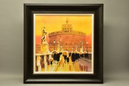 PETER J. RODGERS (BRITISH CONTEMPORARY) 'ROME REFLECTIONS', figures walking in the rain, signed
