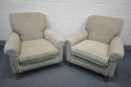 A PAIR OF LEE INDUSTRIES GREEN STRIPPED ARMCHAIRS, in the manner of Howard & Sons, labels under seat