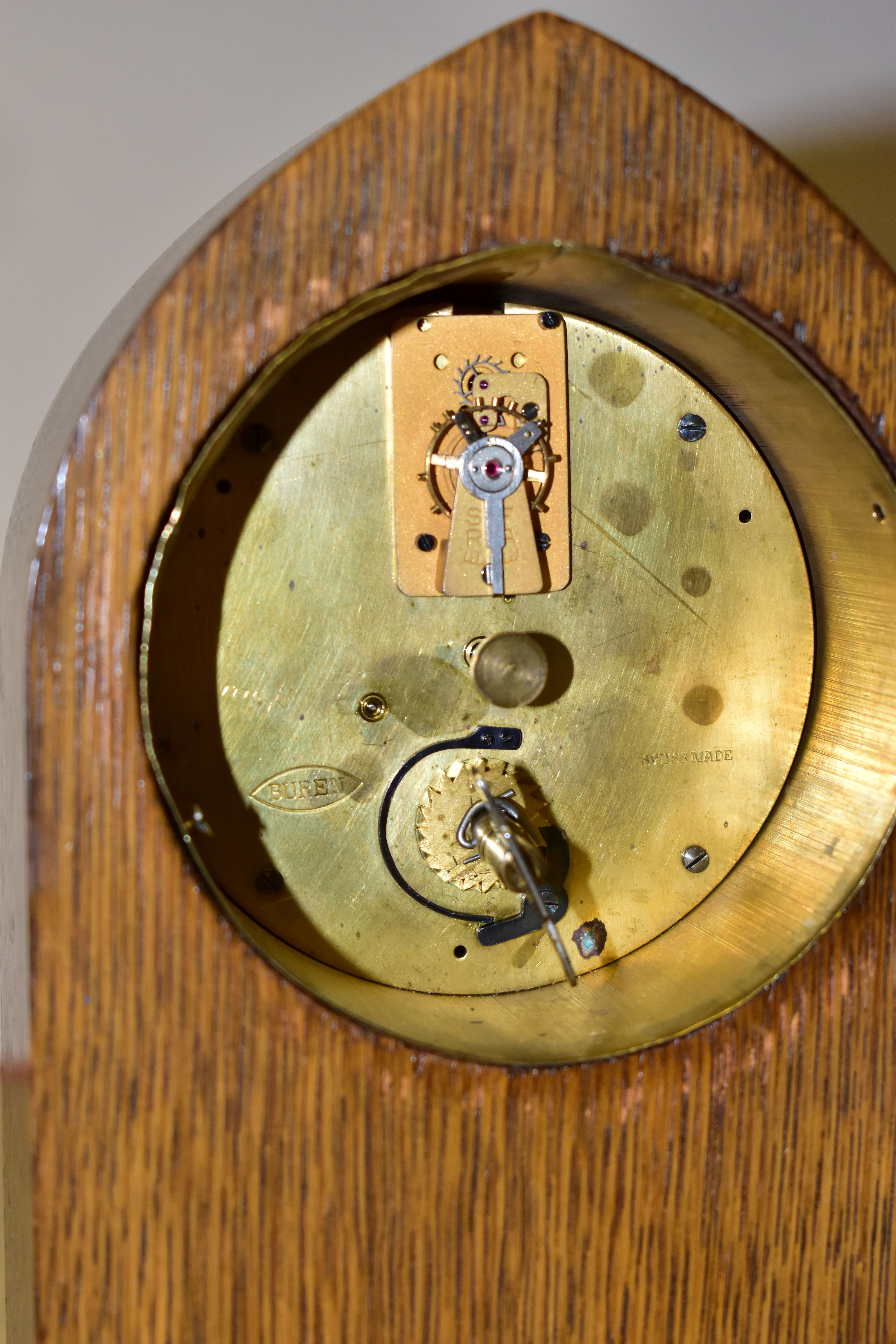 TWO MANTEL CLOCKS, to include an oak arched case mantel clock with inlaid banding, and white - Image 3 of 5