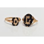 TWO VICTORIAN INITIAL MOURNING RINGS, the first designed with an oval cut onyx displaying the