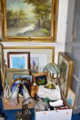 TWO BOXES AND LOOSE PICTURES, LAMPS, CERAMICS, MEN'S ACCESSORIES, ETC, to include two late twentieth
